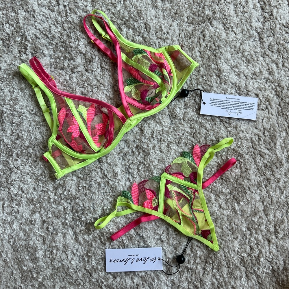 For Love and Lemons Neon Green and Pink Petunia Embroidery Lingerie Set NWT